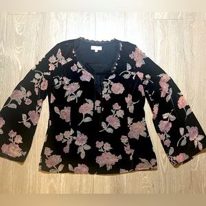 Nanette Lepore M Black Floral Velvet Blouse Moody Romance Long Sleeve Gothic